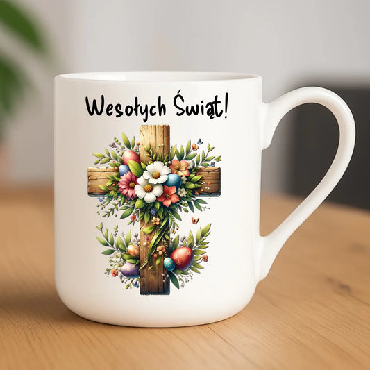 Kubek elegant na Wielkanoc - Krzyż z kwiatami Wesołych Świąt WN02 - StoryCups.pl