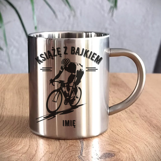Kubek metalowy dla rowerzysty - Książę z bajkiem - personalizowany HR01 - StoryCups.pl