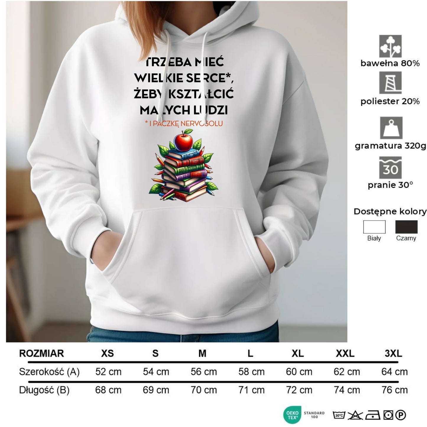 Bluza damska z kapturem dla nauczycielki - Trzeba mieć wielkie serce i paczkę nervosolu N73 - StoryCups.pl