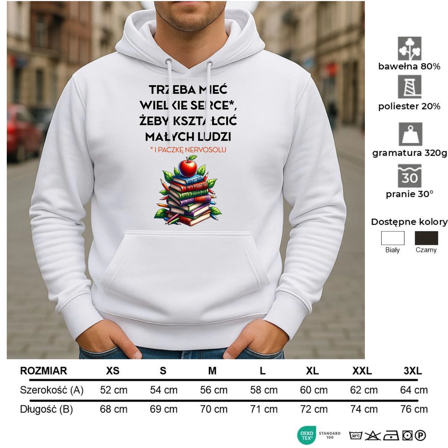 Bluza męska z kapturem dla nauczyciela - Trzeba mieć wielkie serce i paczkę nervosolu N73 - StoryCups.pl