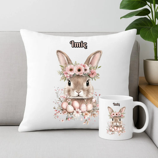 Zestaw poduszka i kubek na Wielkanoc - Zajączek Boho - Prezent personalizowany WN05 - StoryCups.pl