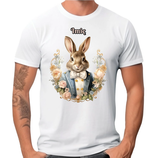 Koszulka męska na Wielkanoc - Elegancki Pan Zając - personalizowana WN06 - Koszulka męska / Czarny / XS - StoryCups.pl