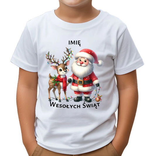 Koszulka dziecięca świąteczna - Mikołaj z reniferem - personalizowana BN09