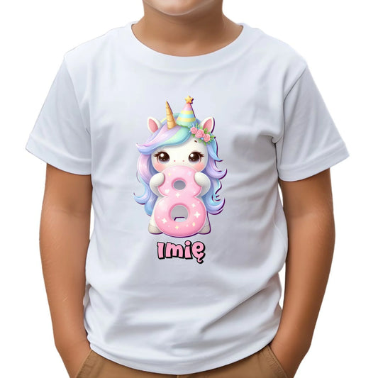 Koszulka dziecięca urodzinowa - prezent na 8 urodziny dla dziewczynki - Jednorożec - personalizowana U52