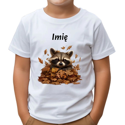 Koszulka dziecięca jesienna - Szop w liściach - personalizowana JS24