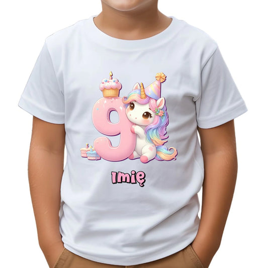 Koszulka dziecięca urodzinowa - prezent na 9 urodziny dla dziewczynki - Jednorożec - personalizowana U53