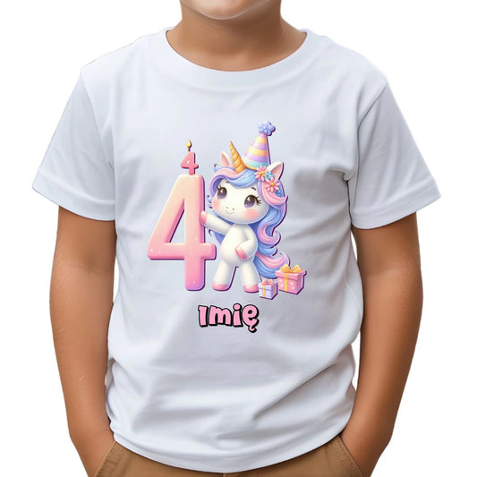 Koszulka dziecięca urodzinowa - prezent na 4 urodziny dla dziewczynki - Jednorożec - personalizowana U48
