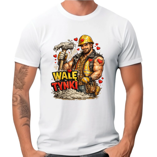 Koszulka męska na Walentynki - Budowlaniec Walę tynki W64 - StoryCups.pl