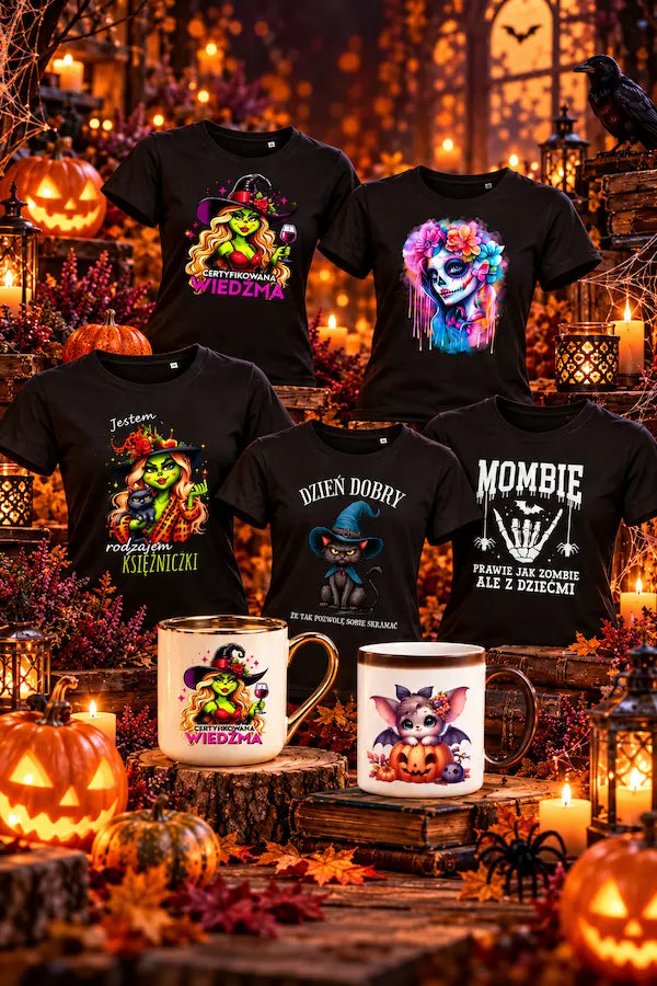 Gadżety na Halloween - koszulki ze strasznymi wzorami, kubki z dyniami