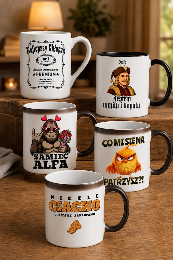 Kubki z nadrukiem dla chłopaka - śmieszne wzory, z imieniem, w kilku kolorach.