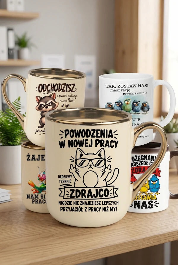 Śmieszne kubki na odejście z pracy dla koleżanki lub kolegi na prezent