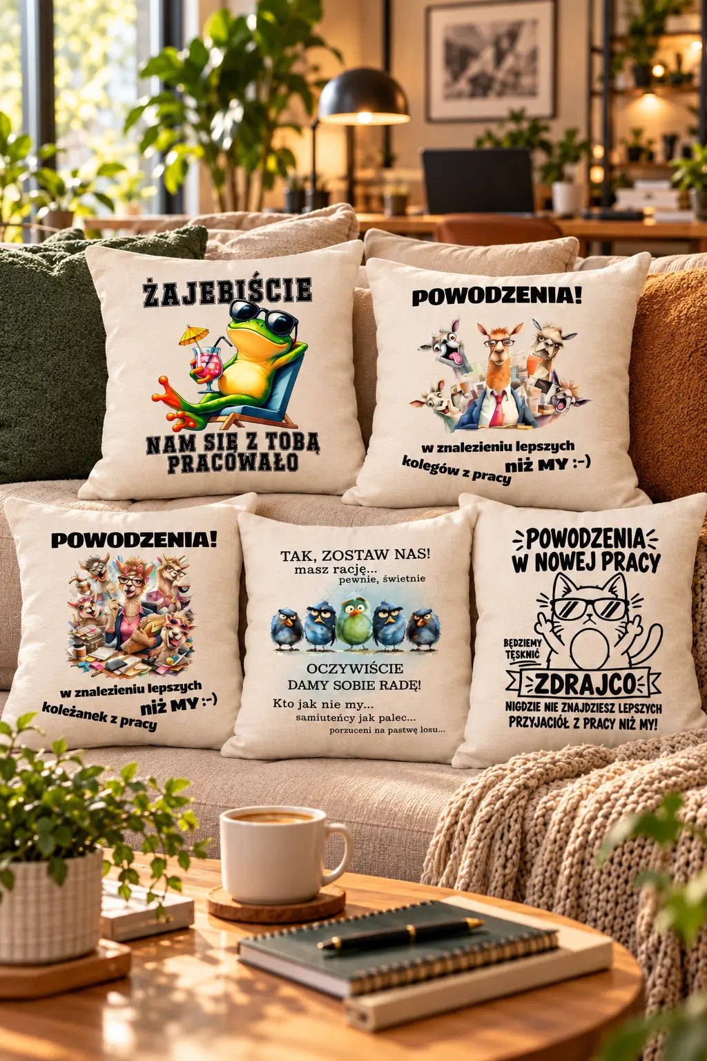 Poduszki dekoracyjne na pożegnanie w pracy dla koleżanki i kolegi na prezent - śmieszne i personalizowane wzory.