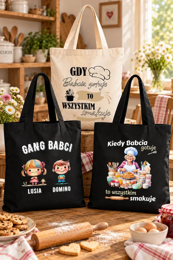 Torby dla babci z nadrukiem: czarna „Gang Babci”, naturalna „Gdy babcia gotuje” i czarna z babcią kucharką.
