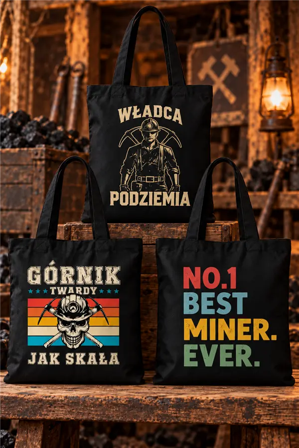Trzy czarne torby bawełniane dla górnika z nadrukami „Górnik twardy jak skała”, „Władca podziemia” i „No.1 Best Miner Ever”.