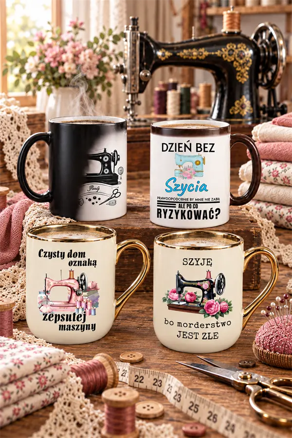Kubki dla krawcowej i miłośników szycia – modele magiczne i Elegant z zabawnymi nadrukami krawieckimi