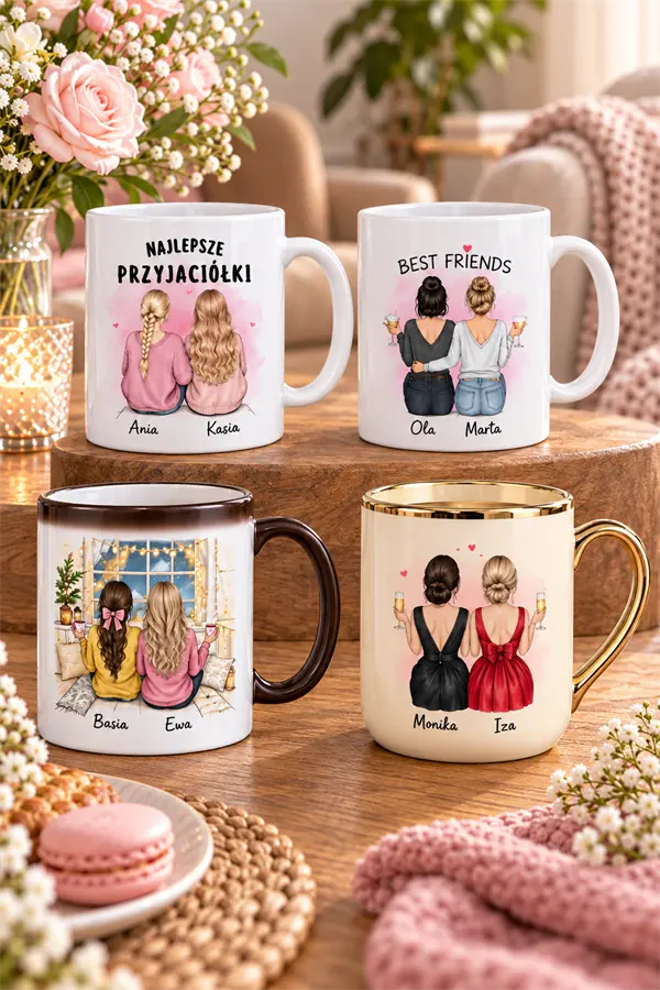 Personalizowane kubki dla przyjaciółki z imionami i postaciami – prezent dla najlepszej przyjaciółki