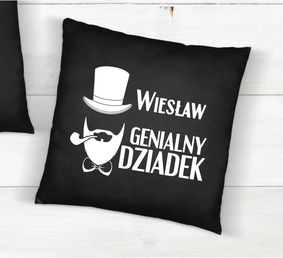 Czarna poduszka dla dziadka imię GENIALNY DZIADEK, na Dzień Dziadka - storycups.pl
