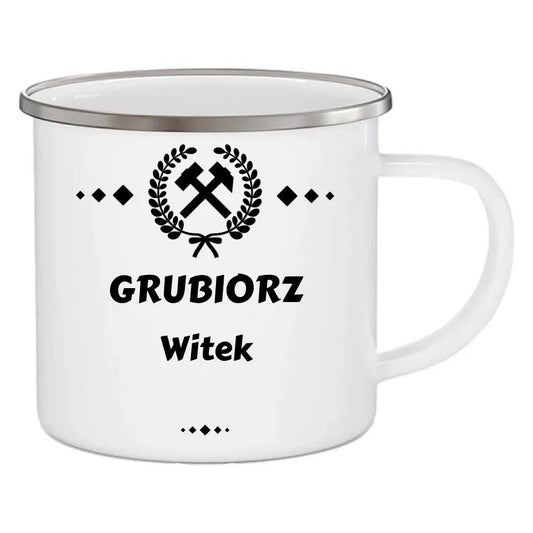 Emaliowany kubek z nadrukiem dla górnika imię GRUBIORZ G03 - storycups.pl