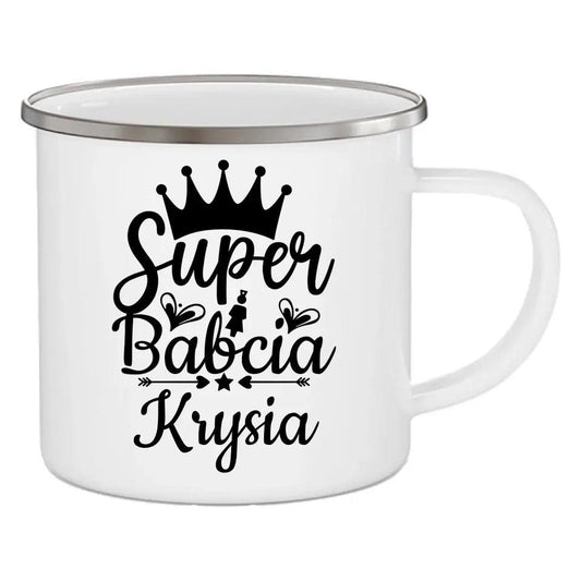 Personalizowany emaliowany kubek na prezent dla babci SUPER BABCIA, kubek na Dzień Babci - storycups.pl