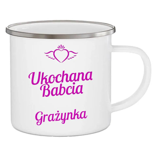 Personalizowany emaliowany kubek na prezent dla babci UKOCHANA BABCIA, kubek na Dzień Babci - storycups.pl