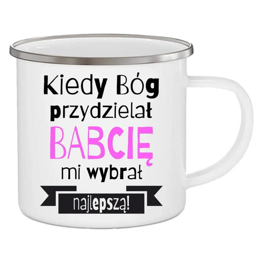 Emaliowany kubek dla babci na prezent KIEDY BÓG PRZYDZIELAŁ BABCIĘ, kubek na Dzień Babci - storycups.pl