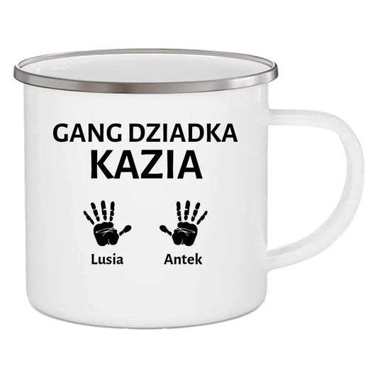 Emaliowany kubek z imionami dla dziadka prezent GANG DZIADKA, na Dzień Dziadka - storycups.pl