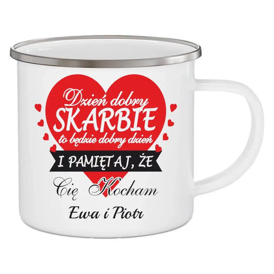 Emaliowany kubek dla par imiona DZIEŃ DOBRY SKARBIE W02 - storycups.pl