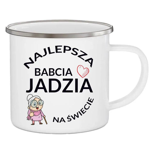 Emaliowany kubek z nadrukiem dla babci imię NAJLEPSZA BABCIA, kubek na Dzień Babci - storycups.pl