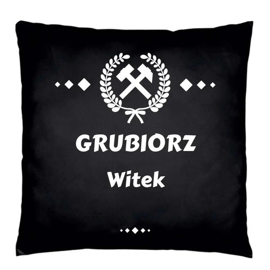Czarna poduszka dla górnika imię GRUBIORZ G03 - storycups.pl