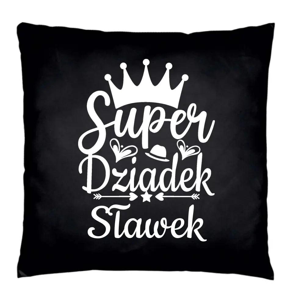 Czarna poduszka dla dziadka na prezent imię SUPER DZIADEK, na Dzień Dziadka - storycups.pl