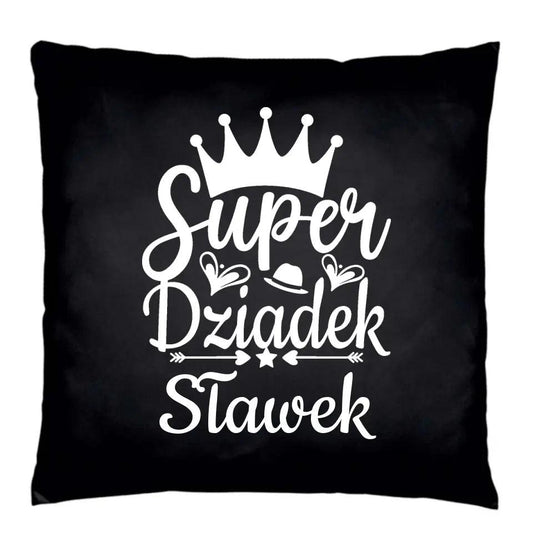 Czarna poduszka dla dziadka na prezent imię SUPER DZIADEK, na Dzień Dziadka - storycups.pl