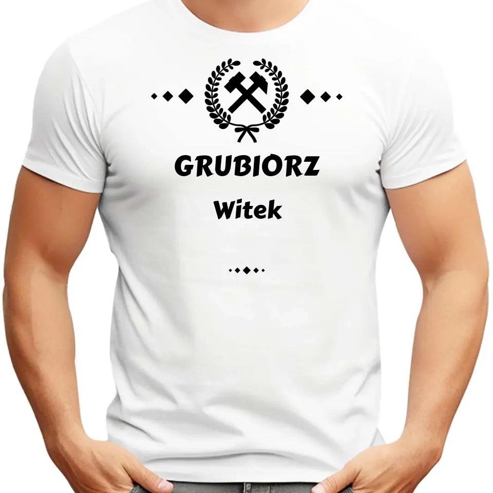 Męska koszulka z nadrukiem dla górnika imię GRUBIORZ G03 - storycups.pl