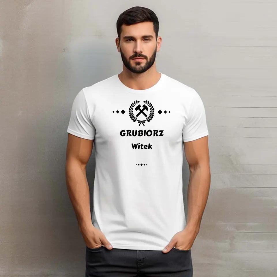 Męska koszulka z nadrukiem dla górnika imię GRUBIORZ G03 - storycups.pl