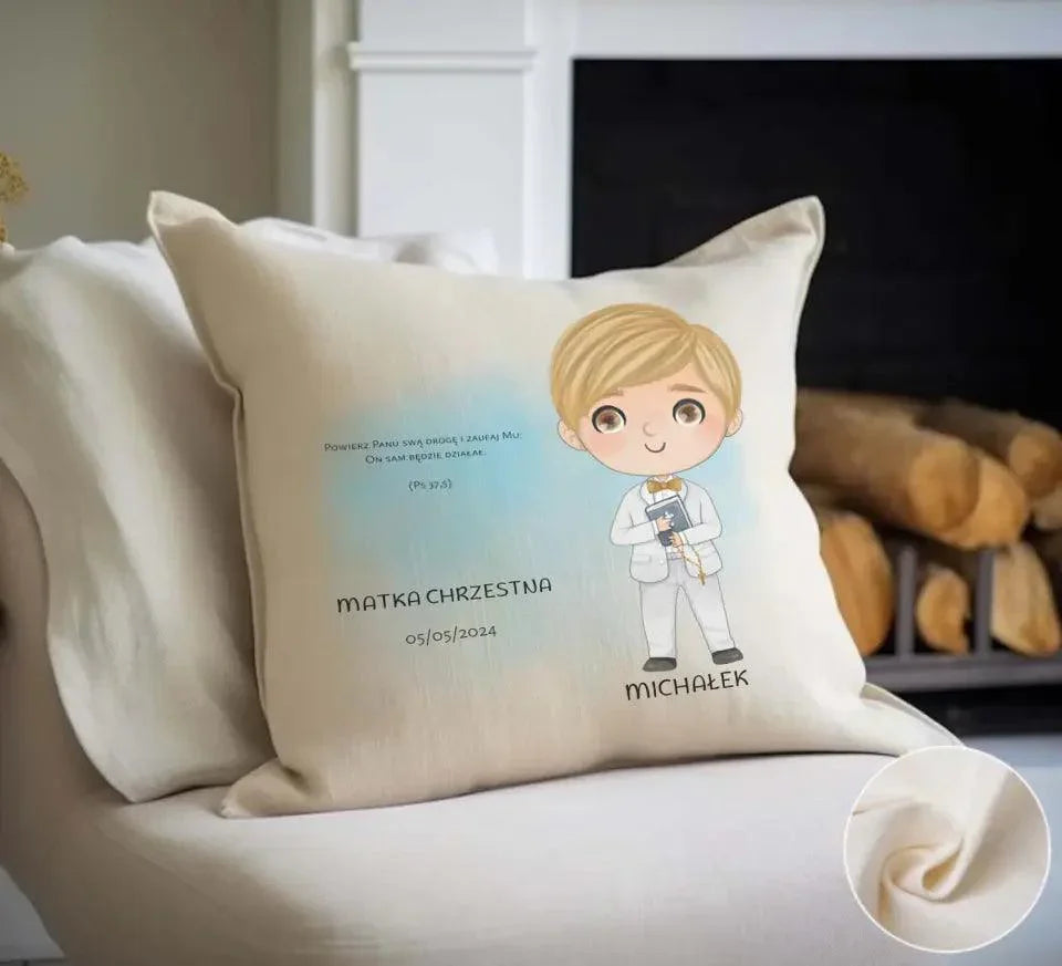 Poduszka Pierwsza Komunia Święta dla chłopca personalizacja cytat PK05 - StoryCups.pl