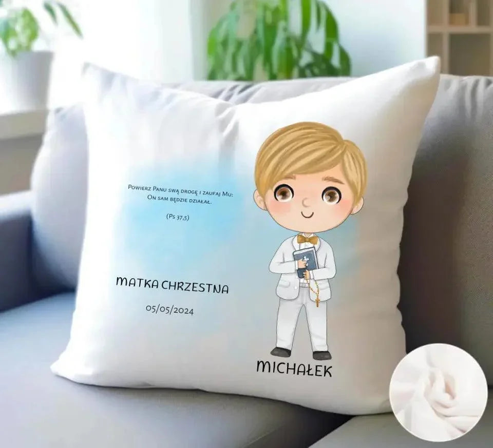 Poduszka Pierwsza Komunia Święta dla chłopca personalizacja cytat PK05 - StoryCups.pl