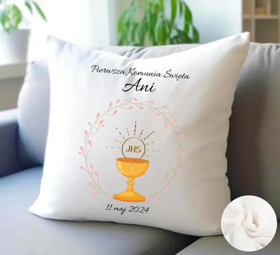 Poduszka pamiątka Pierwszej Komunii dla dziewczynki personalizacja PK02 - StoryCups.pl