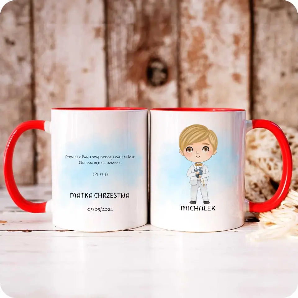 Kubek Pierwsza Komunia Święta dla chłopca personalizacja cytat PK05 - storycups.pl