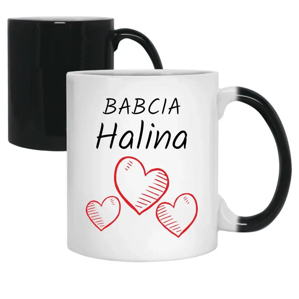 Personalizowany kubek na prezent dla babci imię Serca, kubek na Dzień Babci - storycups.pl