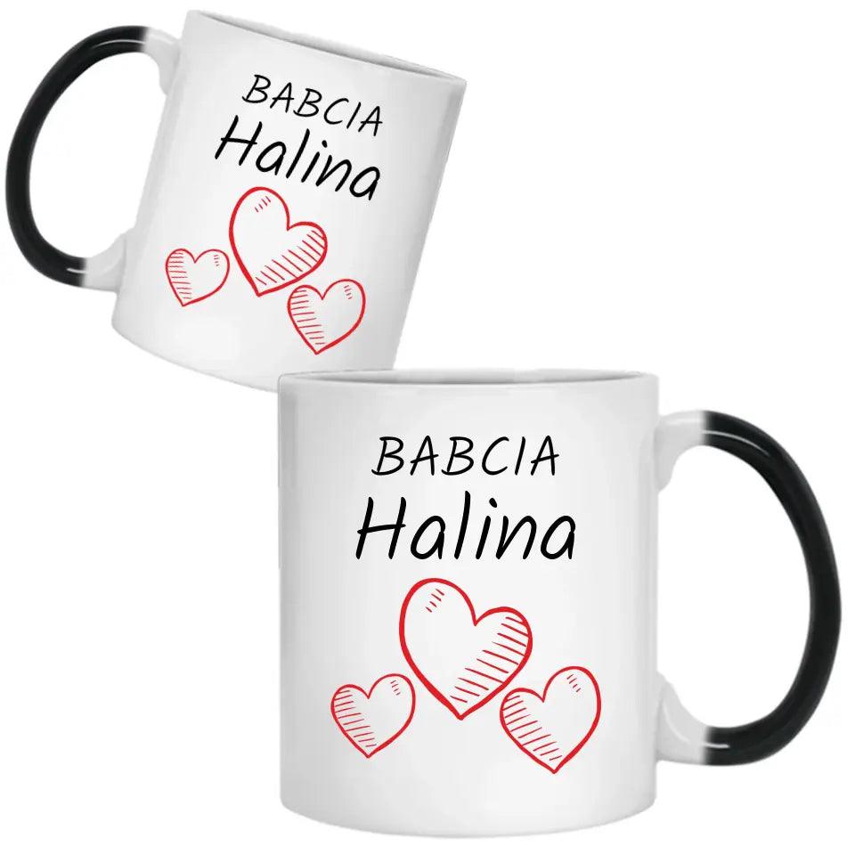 Personalizowany kubek na prezent dla babci imię Serca, kubek na Dzień Babci - storycups.pl