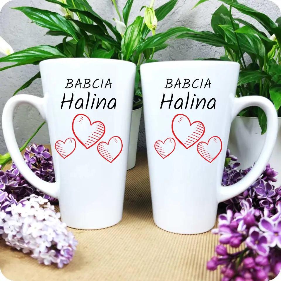 Personalizowany kubek na prezent dla babci imię Serca, kubek na Dzień Babci - storycups.pl