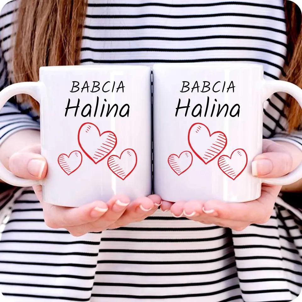 Personalizowany kubek na prezent dla babci imię Serca, kubek na Dzień Babci - storycups.pl