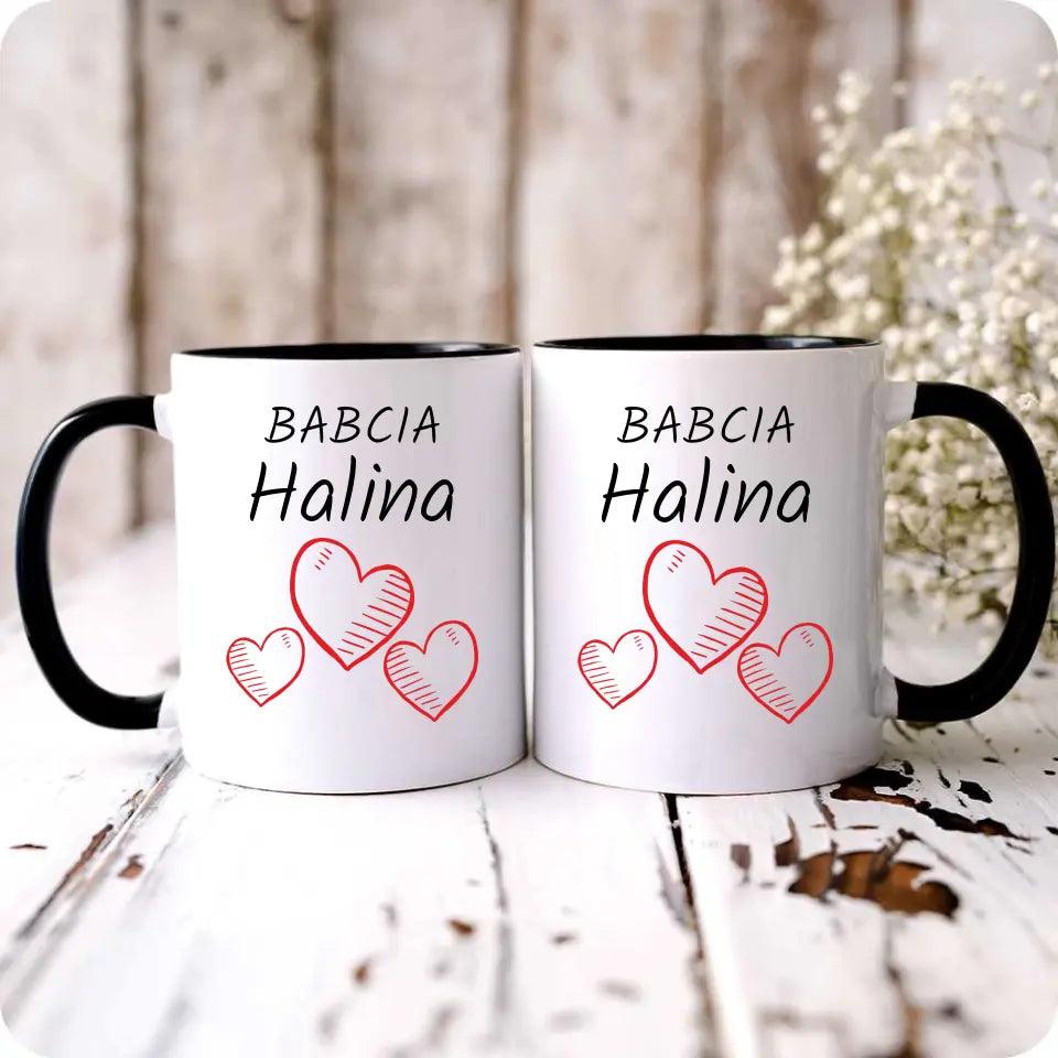 Personalizowany kubek na prezent dla babci imię Serca, kubek na Dzień Babci - storycups.pl