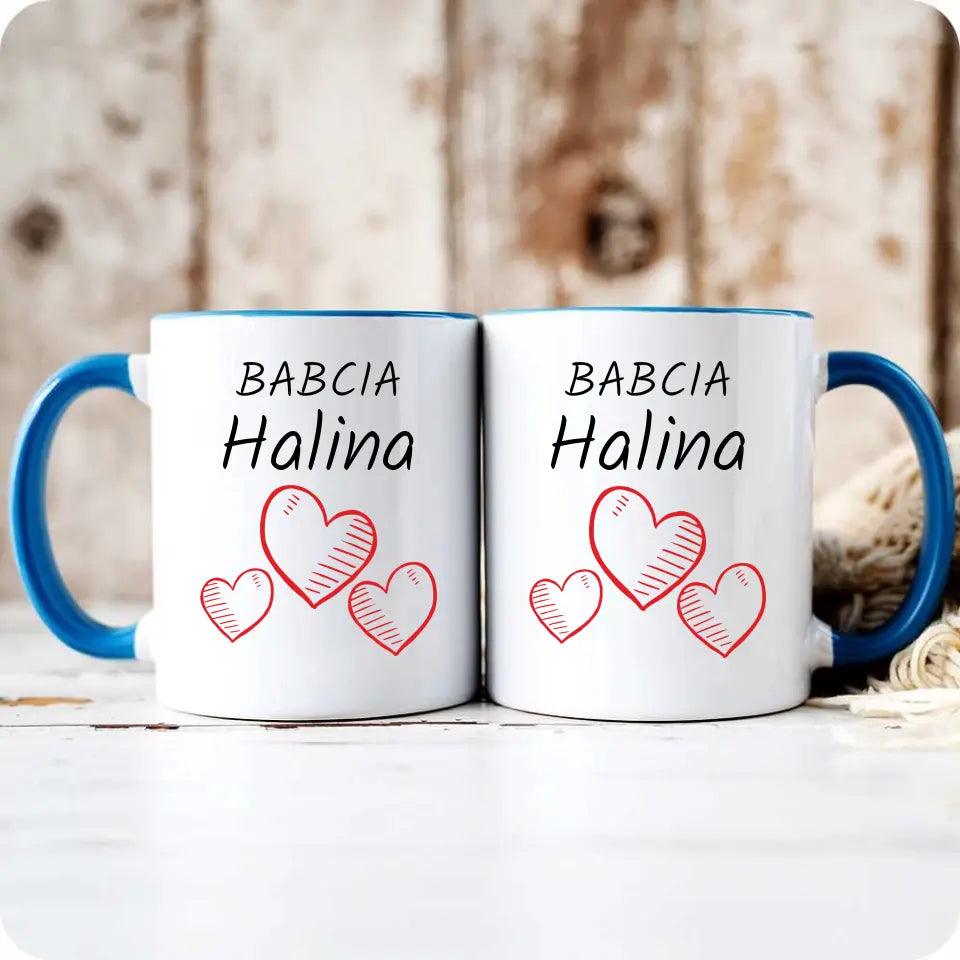 Personalizowany kubek na prezent dla babci imię Serca, kubek na Dzień Babci - storycups.pl