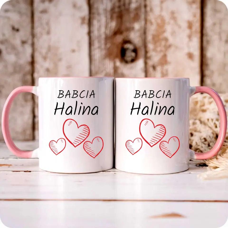 Personalizowany kubek na prezent dla babci imię Serca, kubek na Dzień Babci - storycups.pl