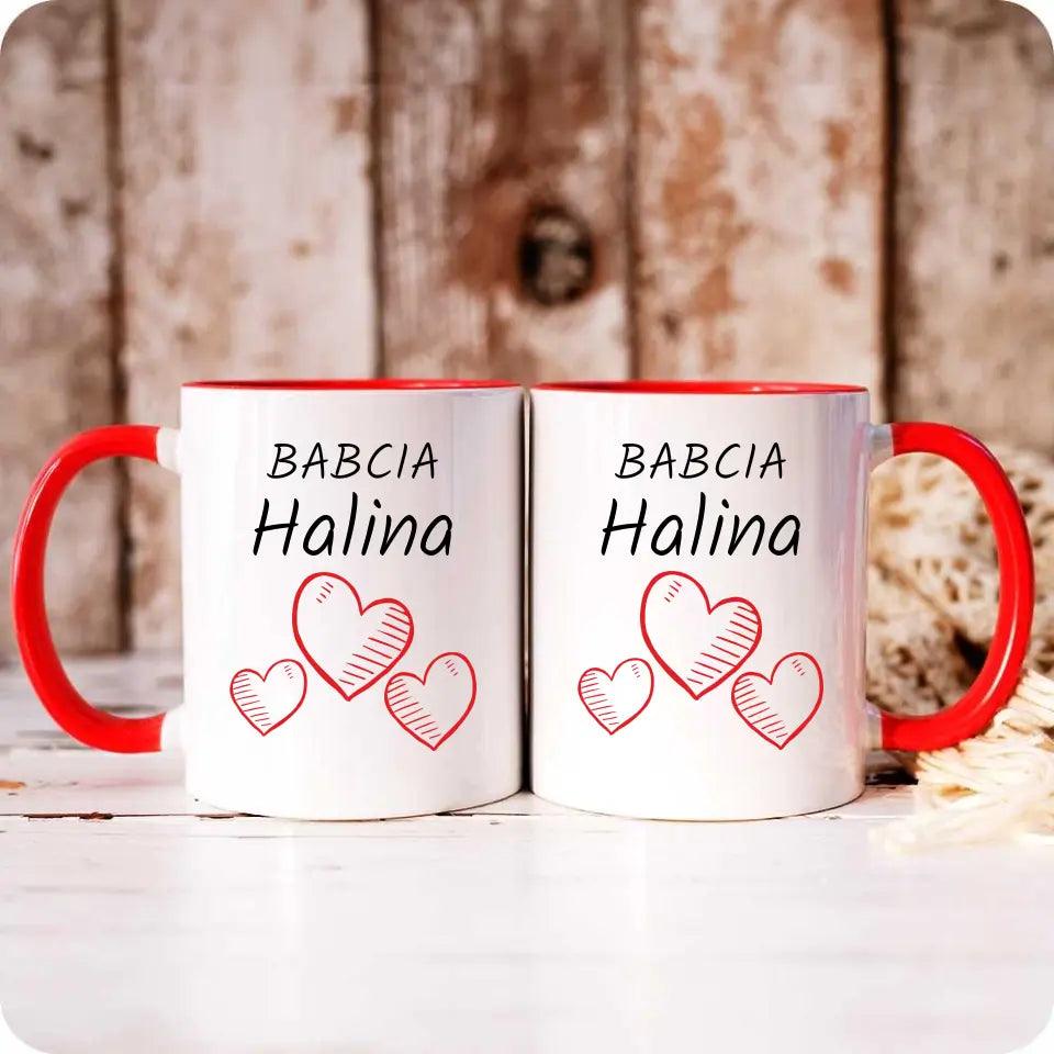 Personalizowany kubek na prezent dla babci imię Serca, kubek na Dzień Babci - storycups.pl