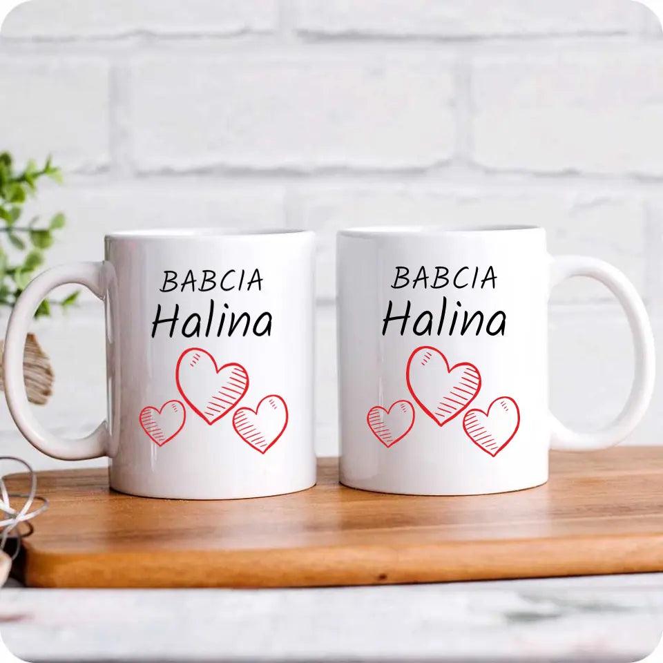 Personalizowany kubek na prezent dla babci imię Serca, kubek na Dzień Babci - storycups.pl