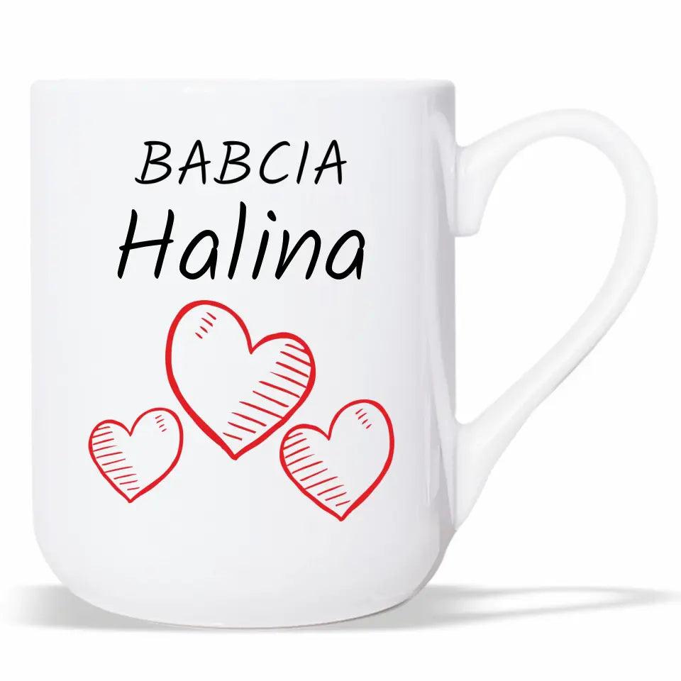 Personalizowany kubek na prezent dla babci imię Serca, kubek na Dzień Babci - storycups.pl