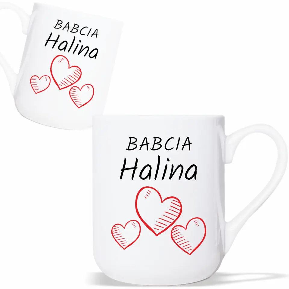 Personalizowany kubek na prezent dla babci imię Serca, kubek na Dzień Babci - storycups.pl