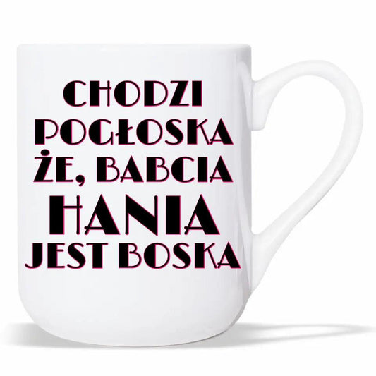 Kubek dla babci personalizacja imię Chodzi pogłoska, że babcia jest boska, kubek na Dzień Babci - storycups.pl