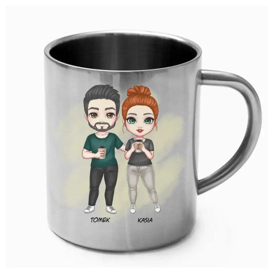 Metalowy kubek dla par personalizowany z imionami żona mąż dziewczyna chłopak W01 - storycups.pl